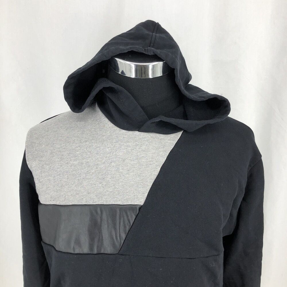 Zara Man Black Hoodie Faux Leather Panel Long Sleeve Sweater XL